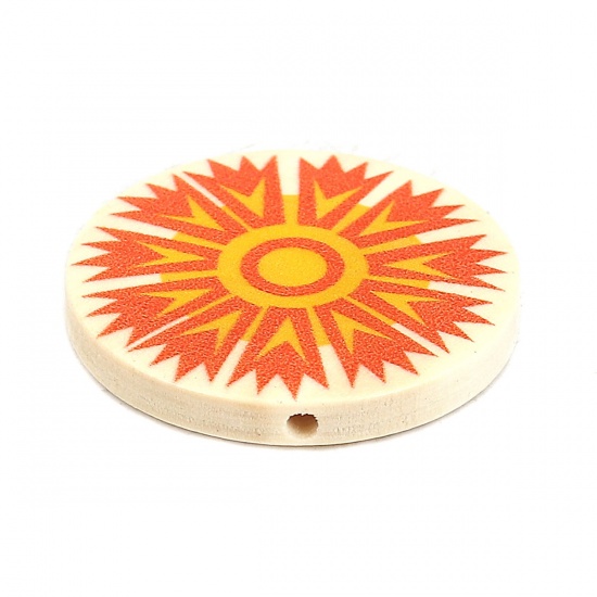 Picture of Wood Spacer Beads Flat Round Orange Flower About 30mm Dia., Hole: Approx 2.3mm, 10 PCs