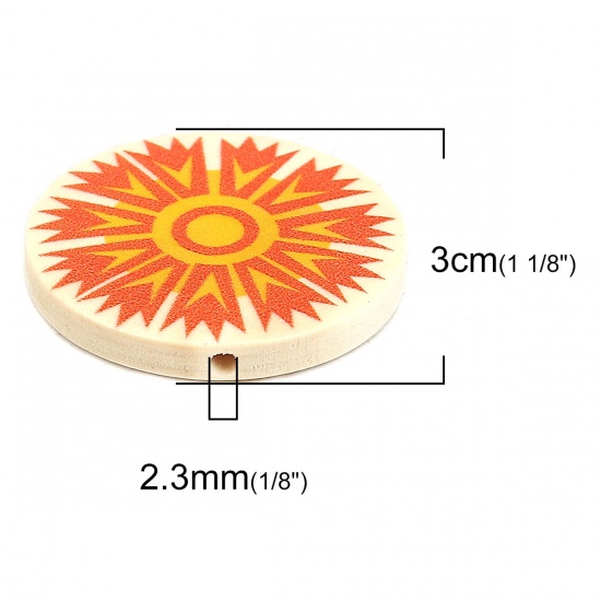 ウッド ビーズ フラットラウンド オレンジ色 花柄 約 30mm直径、 穴：約 2.3mm、 10 個 の画像