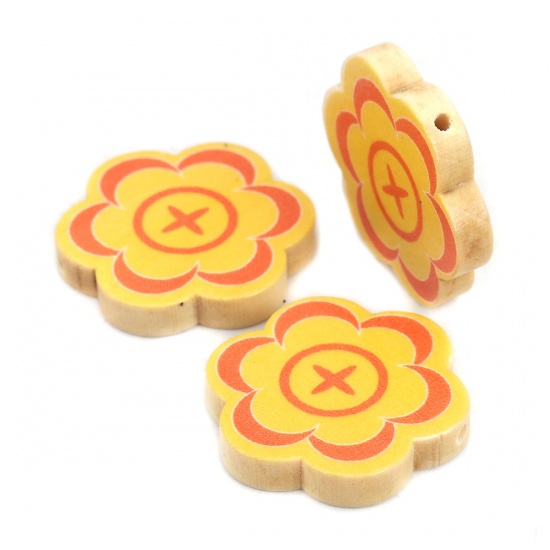 Picture of Wood Spacer Beads Flower Yellow About 29mm x 28mm, Hole: Approx 2mm, 10 PCs