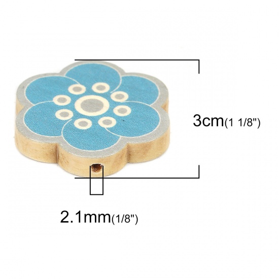 Picture of Wood Spacer Beads Flower Blue About 30mm x 28mm, Hole: Approx 2.1mm, 10 PCs