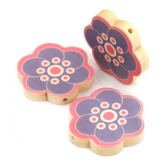 Picture of Wood Spacer Beads Flower Purple About 30mm x 28mm, Hole: Approx 2.1mm, 10 PCs