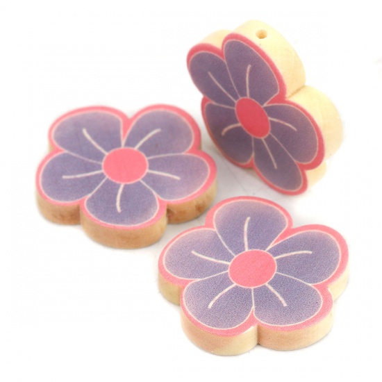 Picture of Wood Spacer Beads Flower Purple About 30mm x 30mm, Hole: Approx 2mm, 10 PCs
