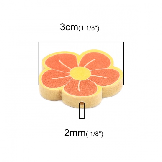 ウッド ビーズ フラワー オレンジ色 約 30mm x 30mm、 穴：約 2mm、 10 個 の画像