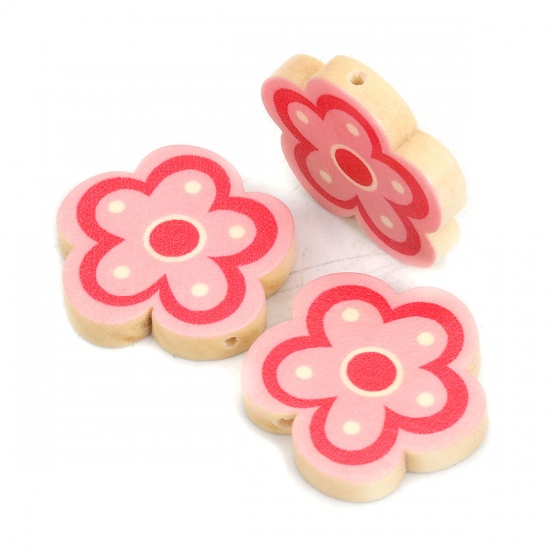 Picture of Natural Wood Spacer Beads Flower Fuchsia About 30mm x 29mm, Hole: Approx 2mm, 10 PCs