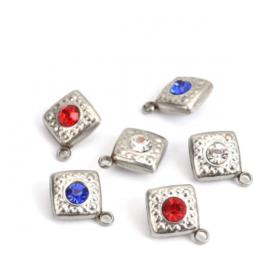 Picture of 304 Stainless Steel Charms Rhombus Silver Tone At Random Mixed Rhinestone 15mm x 12mm, 5 PCs
