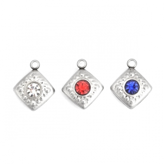 Picture of 304 Stainless Steel Charms Rhombus Silver Tone At Random Mixed Rhinestone 15mm x 12mm, 5 PCs