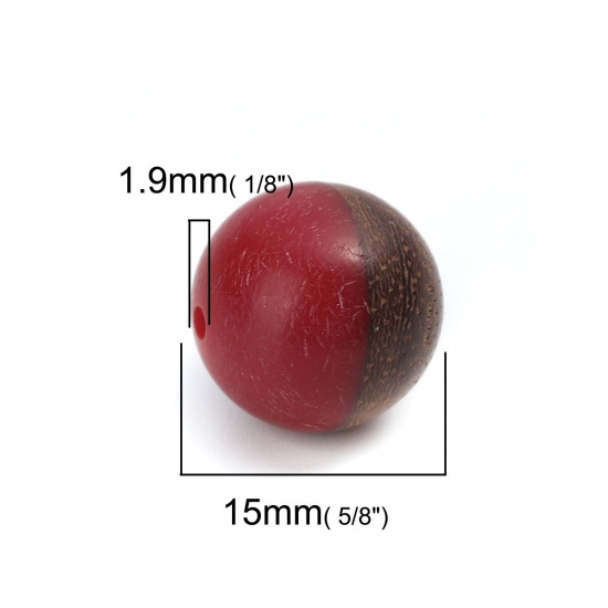 Picture of Resin & Wood Spacer Beads Round Red About 15mm Dia., Hole: Approx 1.9mm, 2 PCs