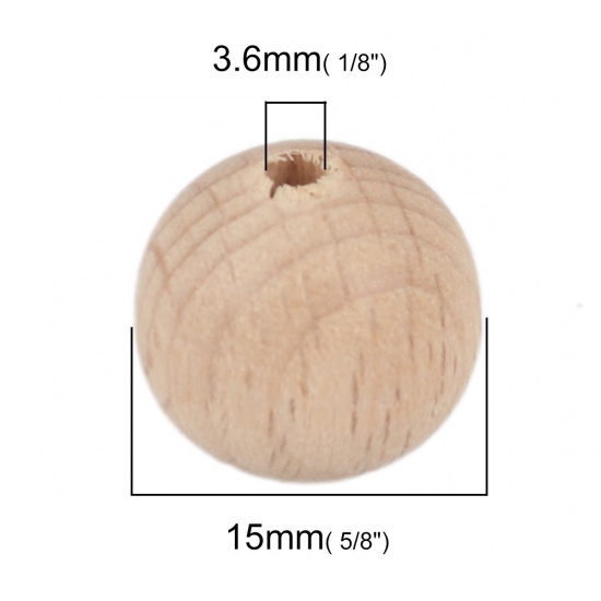 Picture of Beech Wood Spacer Beads Round Natural About 15mm Dia., Hole: Approx 3.6mm, 20 PCs