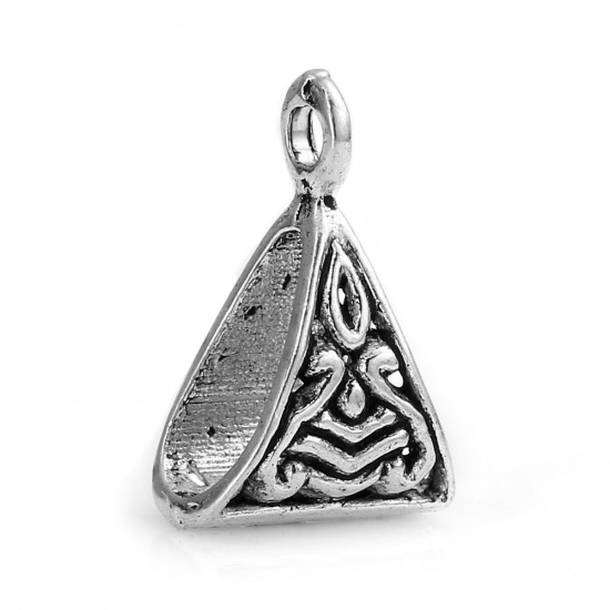 Picture of Zinc Based Alloy European Style Bail Beads Triangle Carved Pattern Antique Silver Color 15mm x 10mm, 50 PCs