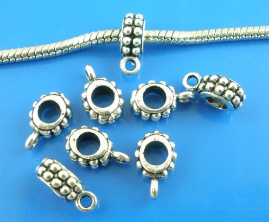 Picture of Zinc Based Alloy European Style Bail Beads Round Dot Antique Silver Color 13mm x 8mm, 50 PCs
