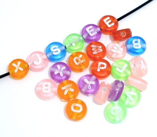 Picture of Acrylic Spacer Beads Flat Round At Random Mixed Alphabet/ Letter Carved About 7mm Dia, Hole: Approx 1.3mm, 200 PCs