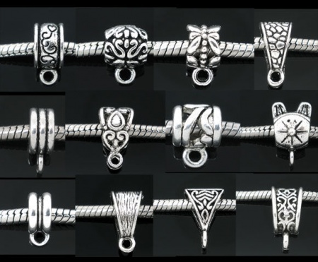 Zinc Based Alloy European Style Bail Beads Mixed At Random Antique Silver Color 12mmx6mm - 15mmx10mm, 100 PCs