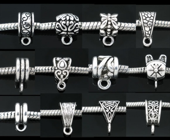 Immagine di Lega di Zinco Stile Europeo Perline Bails Misti A Random Argento Antico 12mmx6mm - 15mmx10mm, 100 Pz
