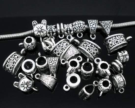 Picture of Zinc Based Alloy European Style Bail Beads Mixed At Random Antique Silver Color 12mmx6mm - 15mmx10mm, 100 PCs