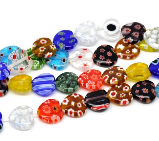Picture of Lampwork Glass Loose Beads Heart At Random Mixed Flower Pattern About 12mm x 11mm, Hole: Approx 1mm, 36cm long, 5 Strands(Approx 30 PCs/Strand)