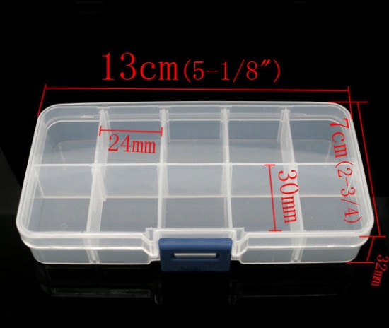 Picture of Plastic Adjustable Beads Organizer Container Storage Box Rectangle Clear 13cm x 7cm(5 1/8"x 2 6/8"), 1 Piece (10 Compartments)