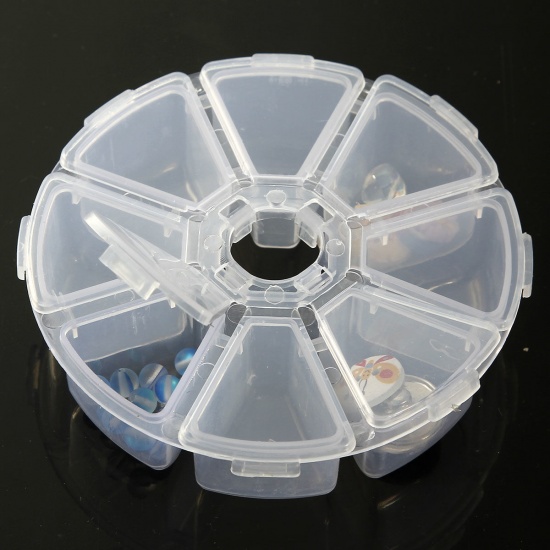 Picture of Plastic Adjustable Beads Organizer Container Storage Box Round Clear 11cm(4 3/8") Dia, 1 Piece (8 Compartments)