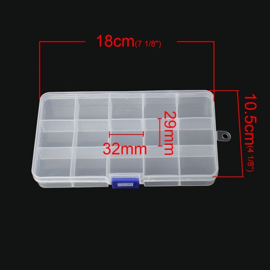 Picture of Plastic Adjustable Beads Organizer Container Storage Box Rectangle Clear 18cm x 10.5cm(7 1/8"x 4 1/8"), 1 Piece (15 Compartments)