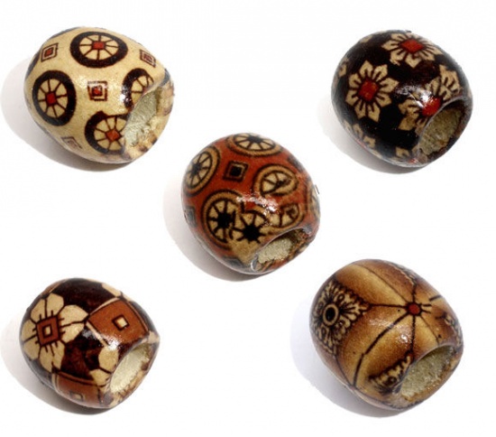 Bild von Holz Zwischenperlen Spacer Perlen Trommel Mix Farben mit Rad Muster 17mm x 16mm, Loch: 7.4mm, 100 Stücke