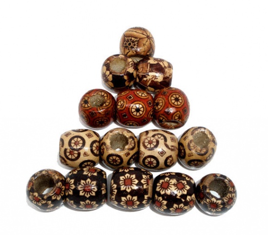 Picture of Wood Spacer Beads Barrel Mixed Pattern About 17mm x 16mm, Hole: Approx 7.4mm, 100 PCs