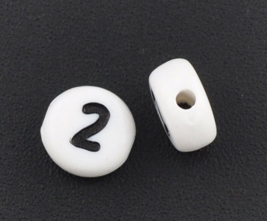 アクリル スペーサ ビーズ 円形 白 数字パターン " 2" 約 7mm直径、 穴：約 1mm、 500 個 の画像