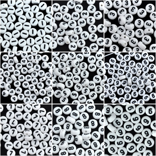 アクリル スペーサ ビーズ 円形 白 数字パターン " 4" 約 7mm直径、 穴：約 1mm、 500 個 の画像