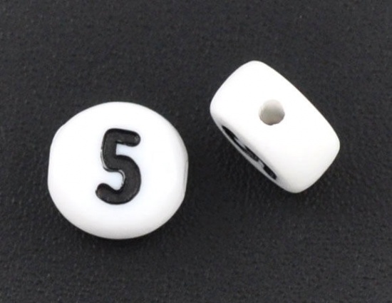 Picture of Acrylic Spacer Beads Round White Number " 5 " Pattern About 7mm Dia, Hole: Approx 1mm, 500 PCs