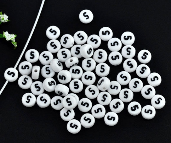 Picture of Acrylic Spacer Beads Round White Number " 5 " Pattern About 7mm Dia, Hole: Approx 1mm, 500 PCs