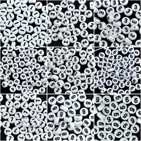 Picture of Acrylic Spacer Beads Round White Number " 5 " Pattern About 7mm Dia, Hole: Approx 1mm, 500 PCs