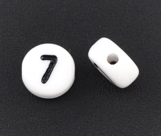Picture of Acrylic Spacer Beads Round White Number " 7 " Pattern About 7mm Dia, Hole: Approx 1mm, 500 PCs