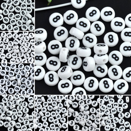 Picture of Acrylic Spacer Beads Round White Number " 8 " Pattern About 7mm Dia, Hole: Approx 1mm, 500 PCs