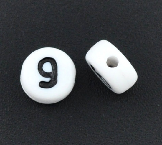 Picture of Acrylic Spacer Beads Round White Number " 9 " Pattern About 7mm( 2/8") Dia, Hole: Approx 1mm, 500 PCs