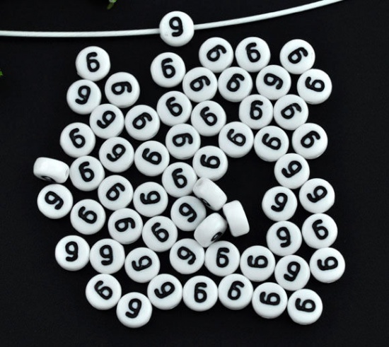 Picture of Acrylic Spacer Beads Round White Number " 9 " Pattern About 7mm( 2/8") Dia, Hole: Approx 1mm, 500 PCs