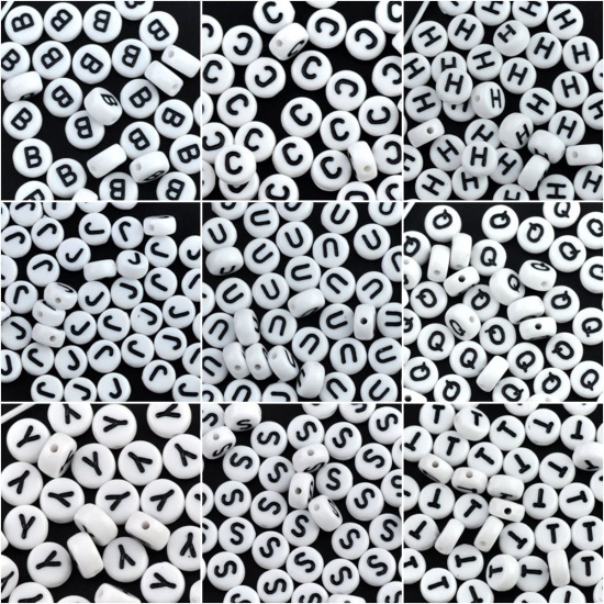 Immagine di Acrilato Separatori Perline Tondo Piatto Bianco Lettera Disegno "A" Circa 7mm Dia, Foro: Circa 1mm, 500 Pz