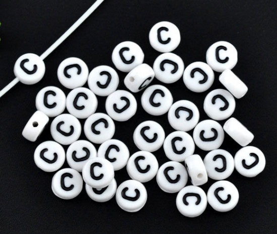 Picture of Acrylic Spacer Beads Round White Alphabet/ Letter "C" About 7mm Dia, Hole: Approx 1mm, 500 PCs