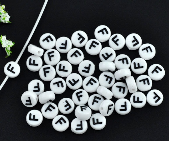 Picture of Acrylic Spacer Beads Flat Round White Alphabet/ Letter "F" About 7mm Dia, Hole: Approx 1mm, 500 PCs