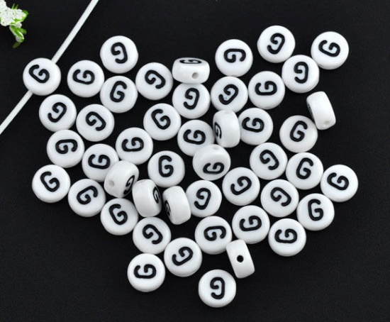 Picture of Acrylic Spacer Beads Flat Round White Alphabet/ Letter "G" About 7mm Dia, Hole: Approx 1mm, 500 PCs