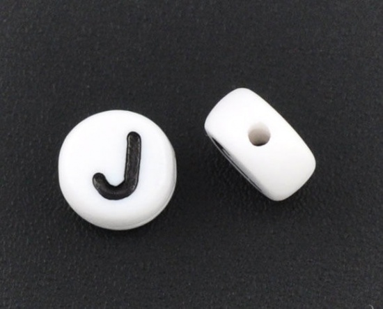 Picture of Acrylic Spacer Beads Flat Round White Alphabet/ Letter "J" About 7mm Dia, Hole: Approx 1mm, 500 PCs