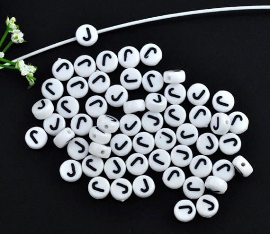 Picture of Acrylic Spacer Beads Flat Round White Alphabet/ Letter "J" About 7mm Dia, Hole: Approx 1mm, 500 PCs