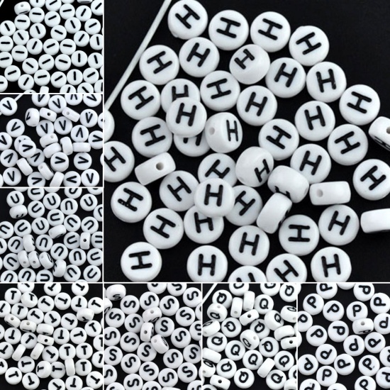 Picture of Acrylic Spacer Beads Flat Round White Alphabet/ Letter "J" About 7mm Dia, Hole: Approx 1mm, 500 PCs