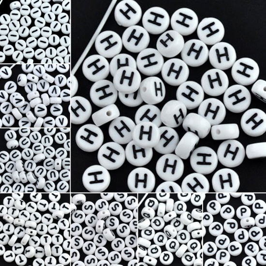 Picture of Acrylic Spacer Beads Flat Round White Alphabet/ Letter "K" About 7mm Dia, Hole: Approx 1mm, 500 PCs