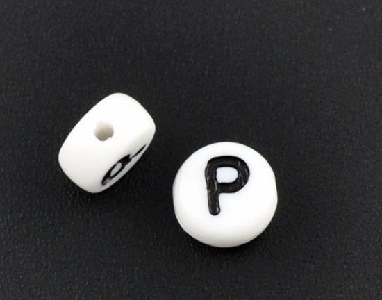 Picture of Acrylic Spacer Beads Flat Round White Alphabet/ Letter "P" About 7mm Dia, Hole: Approx 1mm, 500 PCs