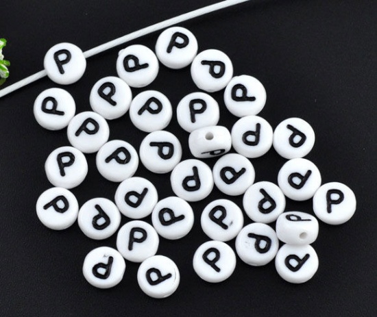 Picture of Acrylic Spacer Beads Flat Round White Alphabet/ Letter "P" About 7mm Dia, Hole: Approx 1mm, 500 PCs