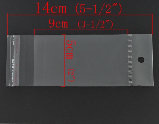 Picture of Plastic Self-Seal Bags Rectangle Transparent W/ Hang Hole (Usable Space: 9x5cm) 14cm x5cm(5 4/8" x2"), 200 PCs