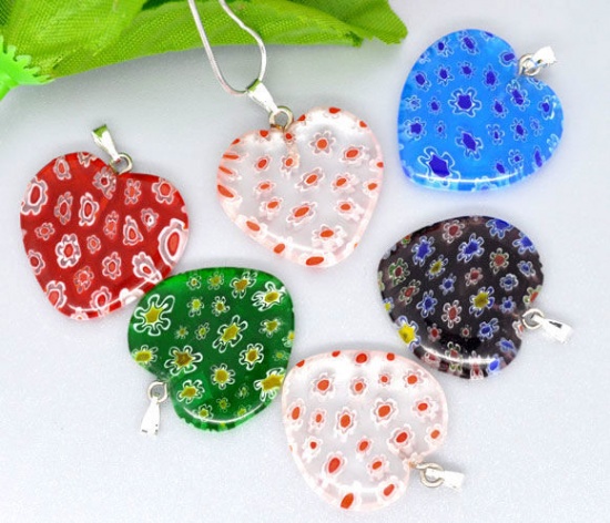 Picture of At Random Mixed Millefiori Glass Lampwork Heart Charm Pendants 31x25mm, sold per packet of 10