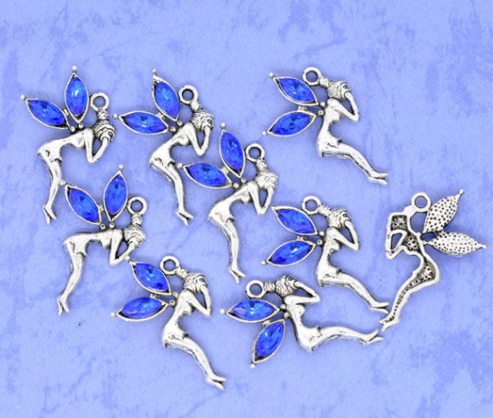Image de Pendentifs en Alliage de Zinc Fée Argent Vieilli à Strass Bleu 32mm x 20mm, 20 Pcs