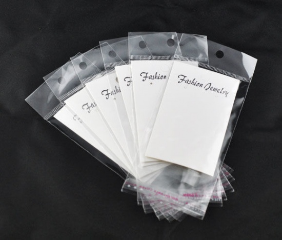 Image de Présentoir de Boucle d'Oreille en Papier & Plastique Rectangle Blanc avec Sachet Autocollant 8.8x5cm 15x6cm, 100 Kits