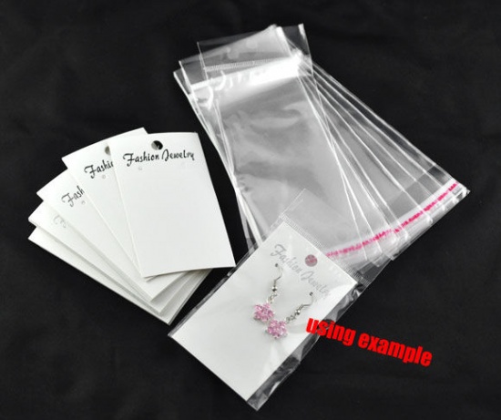 Picture of Paper & Plastic Jewelry Earrings Ear Studs Display Cards Rectangle White W/ Self-Seal Bags 8.8x5cm(3 1/8"x 2") 15x6cm(5 7/8"x2 3/8"), 100 Sets