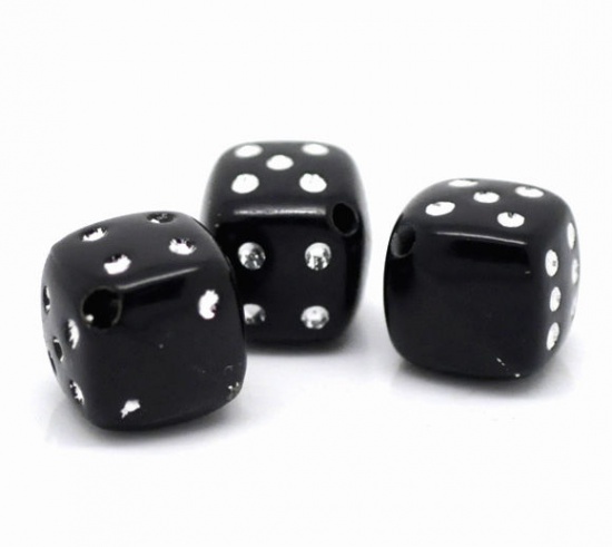 Picture of Acrylic Bubblegum Beads Cube Dice Black Dot Pattern About 9mm x 9mm, Hole: Approx 1.3mm, 100 PCs