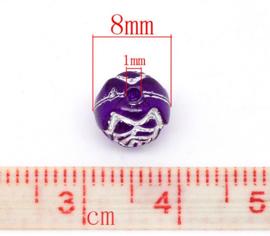 Picture of Acrylic Silver Accent Bubblegum Beads Rose Flower Purple Foil About 8mm( 3/8") Dia, Hole: Approx 1mm, 300 PCs
